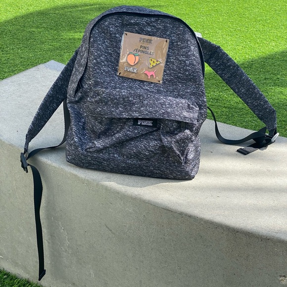 PINK Victoria's Secret Handbags - PINK Grey Mini Nylon Zippered Backpack w Collectible Enamel Logo Emoji Pins NWT